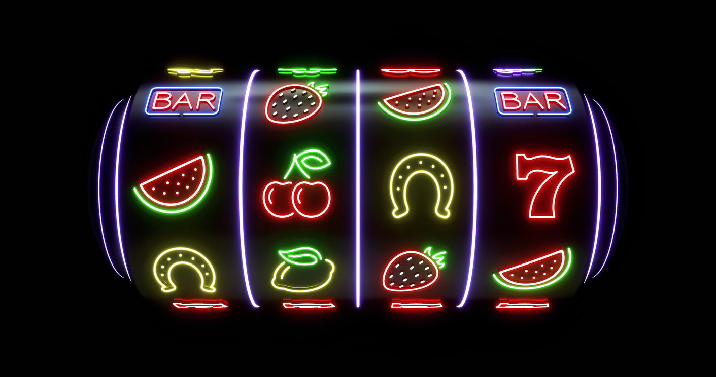 Modern Slot Machine With Symbols And Colorful Neon Lights On Black - 3D Illustration