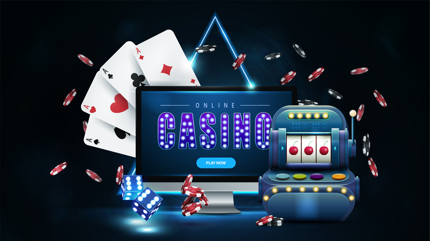 Online casino, banner with monitor, slot machine, poker chips and playing cards in dark scene with blue neon triangle border on background